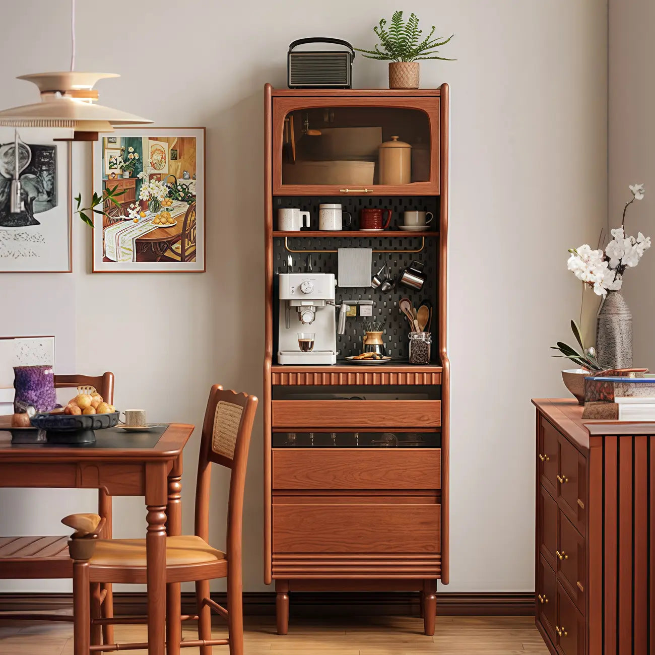 Narrow Brown Marble Countertop Wooden Display Buffet