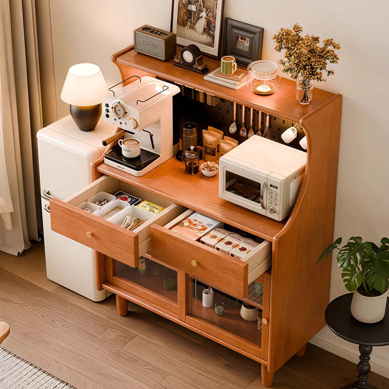 Lighting Cherry Wood 2-Drawer Open Storage Sideboard