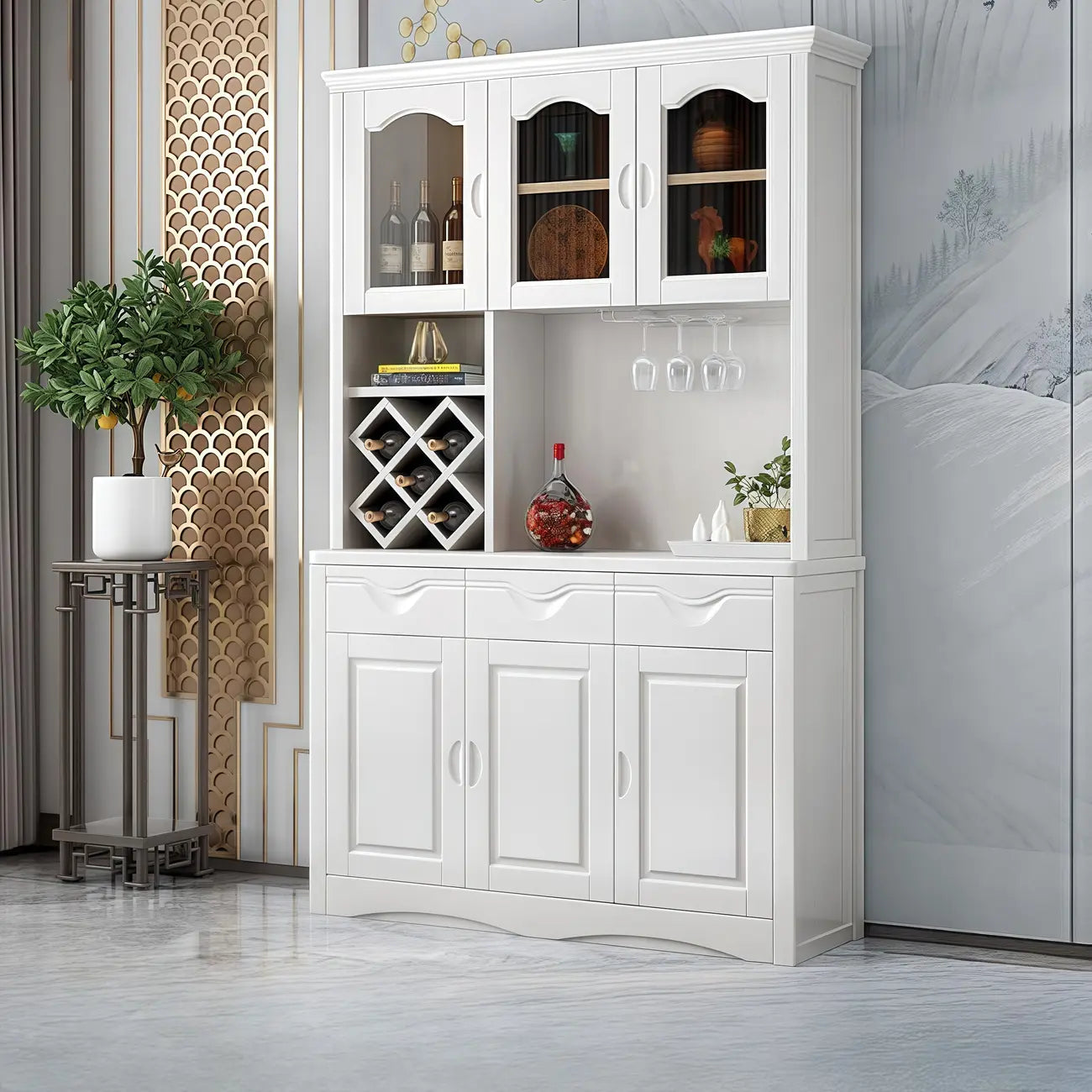 Kitchen Wooden White Cabinet Sideboard Built-in Wine Rack