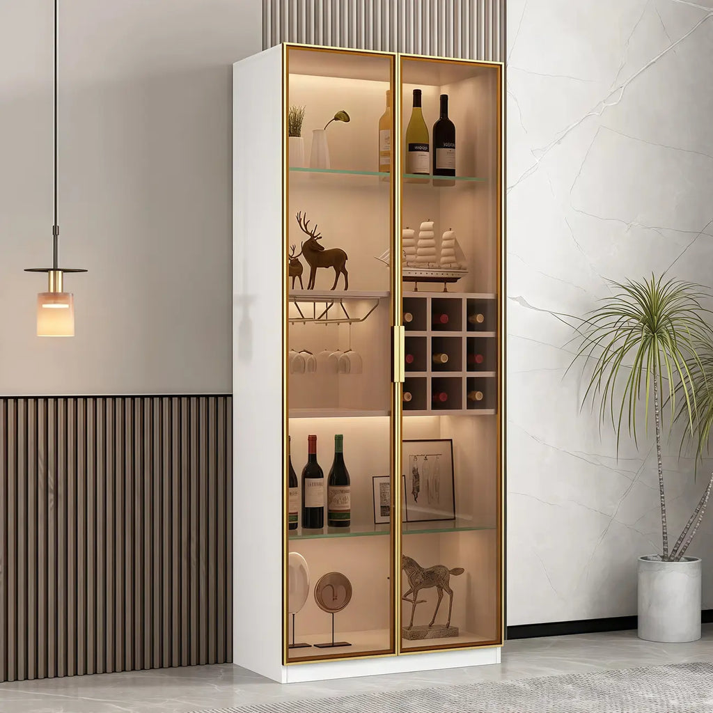 Lighting Black Wooden Floor Wine Cabinet with Glass Doors