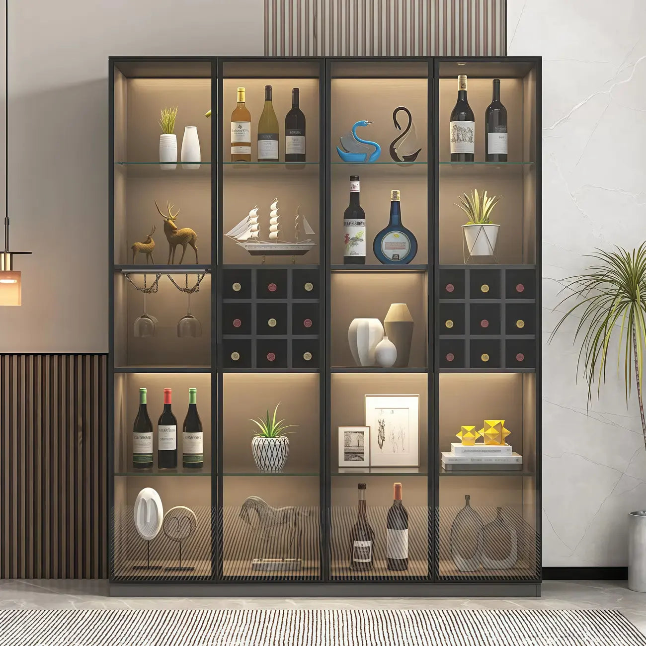 Lighting Black Wooden Floor Wine Cabinet with Glass Doors