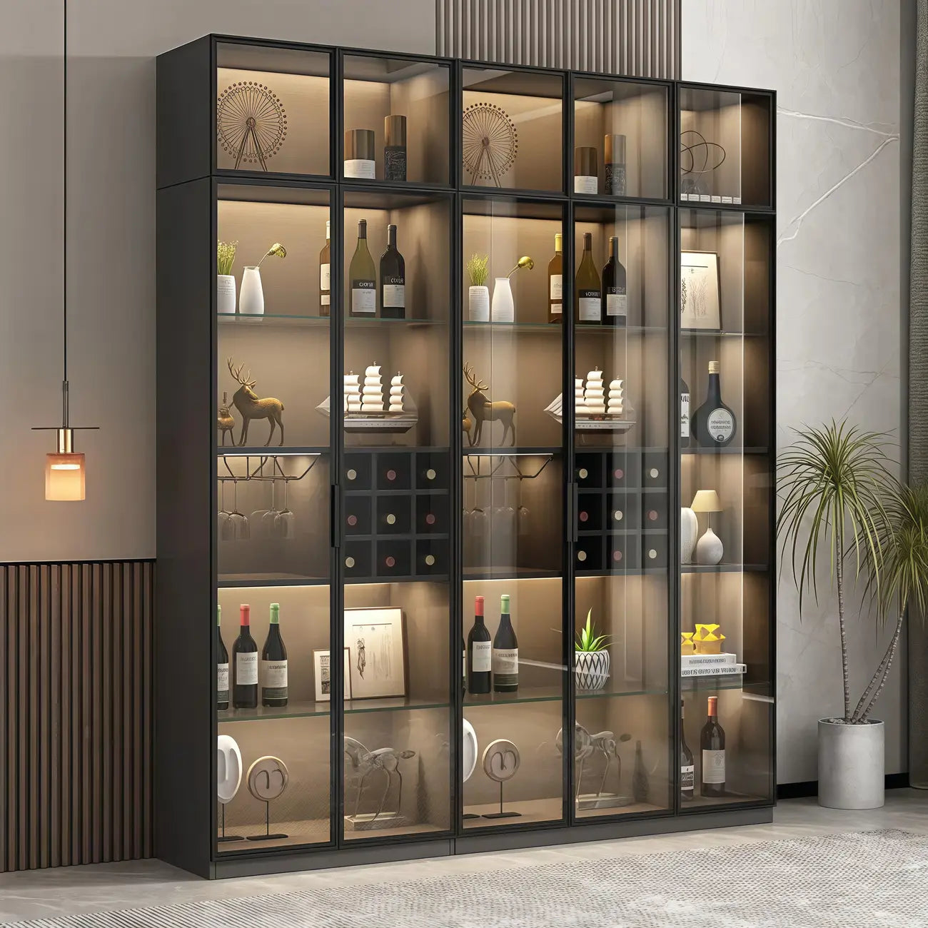 Lighting Black Wooden Floor Wine Cabinet with Glass Doors