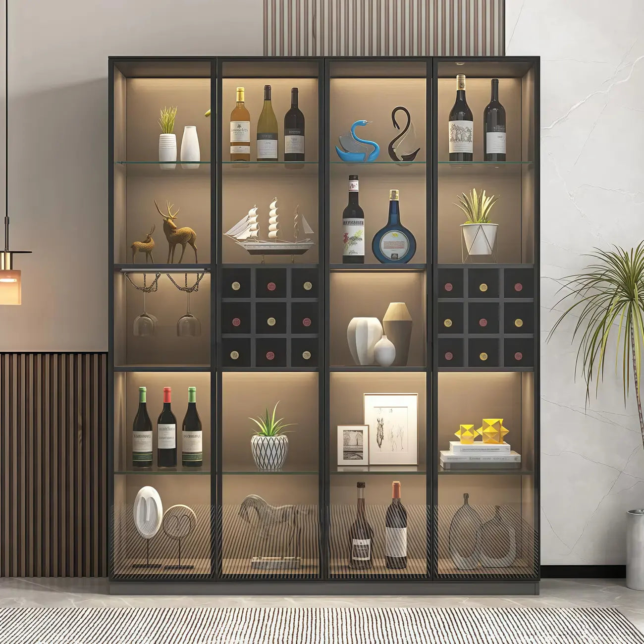 Lighting Black Wooden Floor Wine Cabinet with Glass Doors