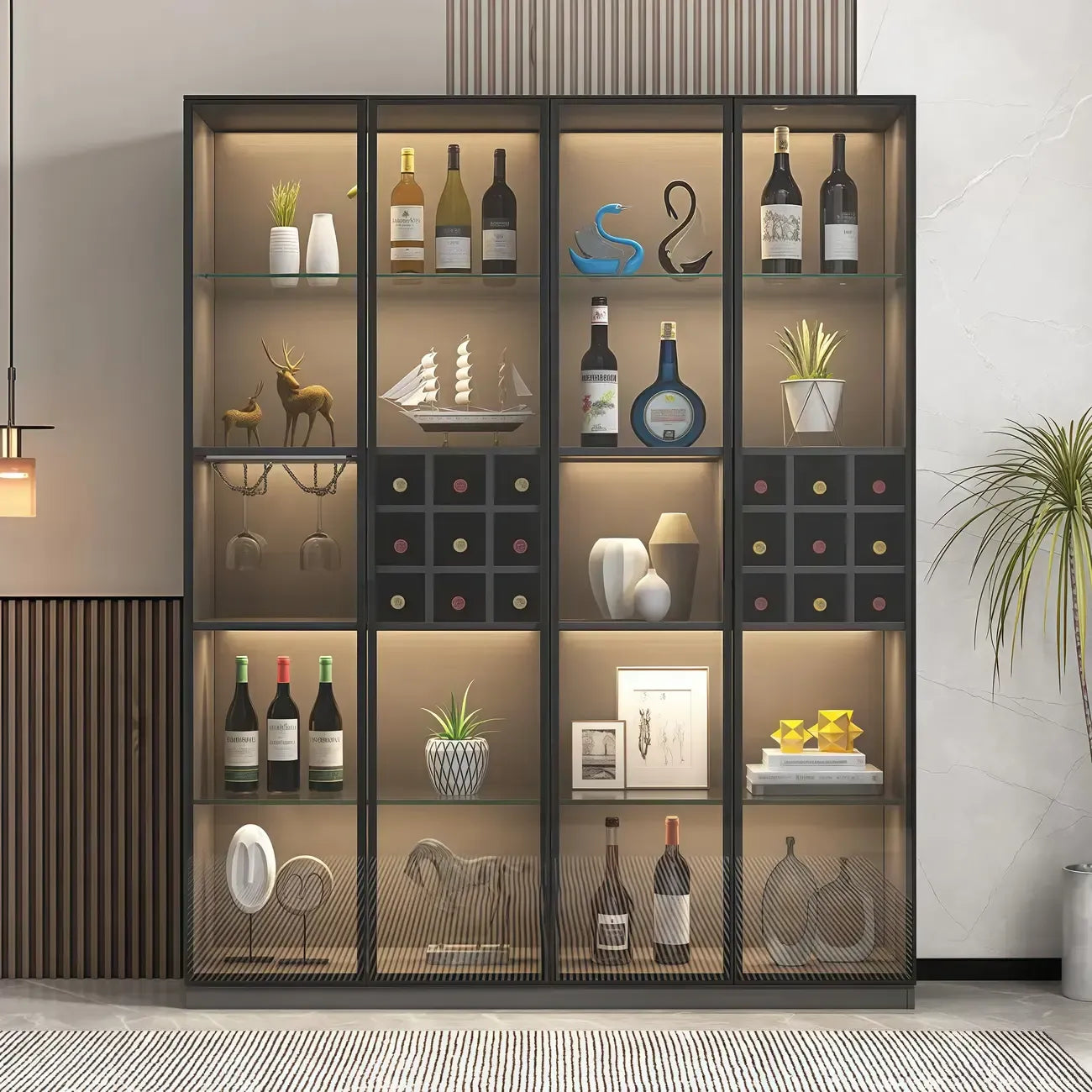 Lighting Black Wooden Floor Wine Cabinet with Glass Doors