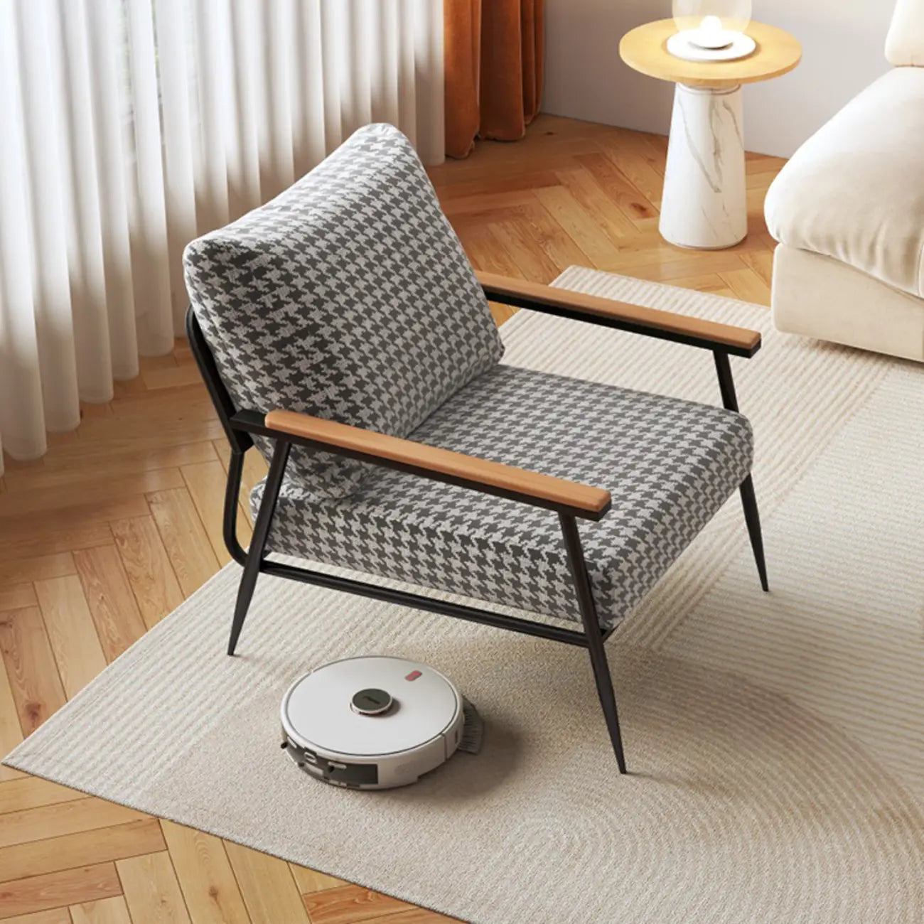 Elegant Fabric Accent Chair with Wooden Arms for Living Room