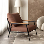 Elegant Fabric Accent Chair with Wooden Arms for Living Room