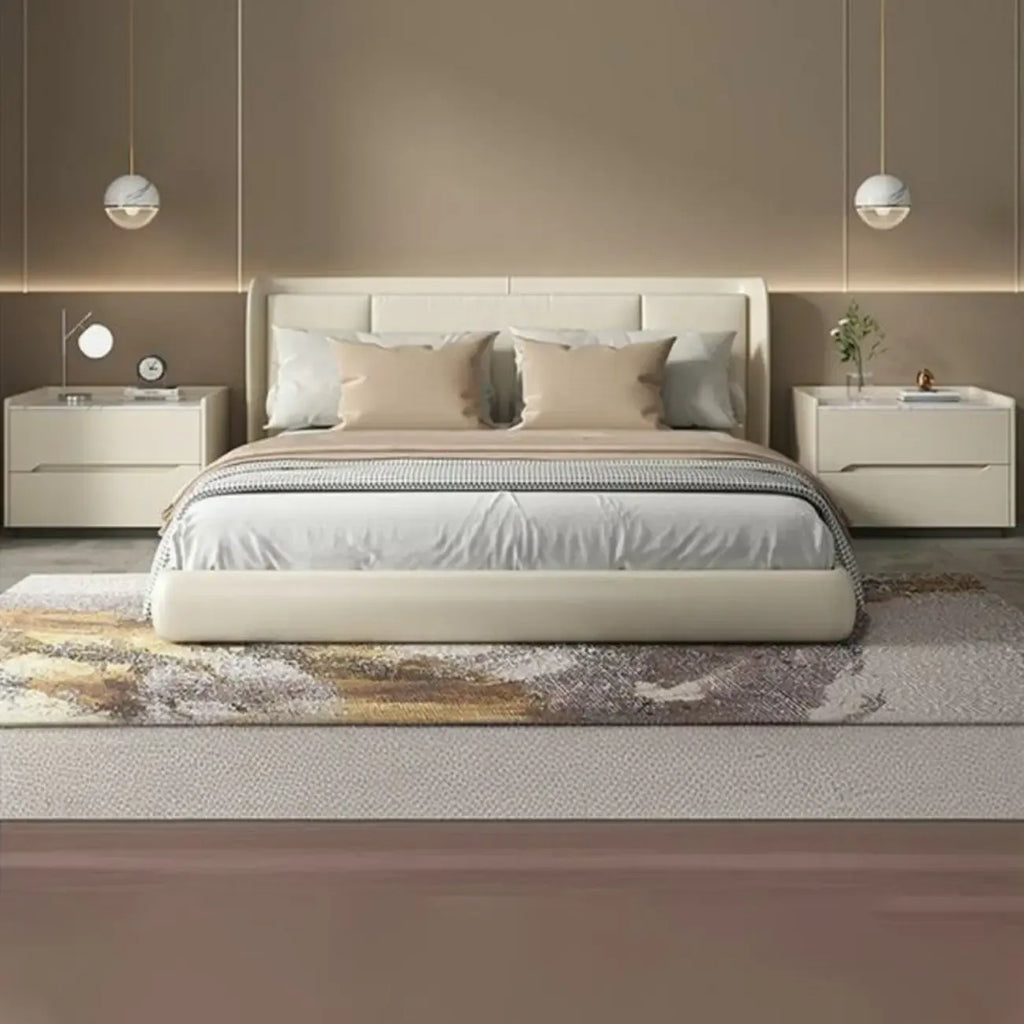 Modern Khaki Leather Stone Top 2-Drawer Nightstand