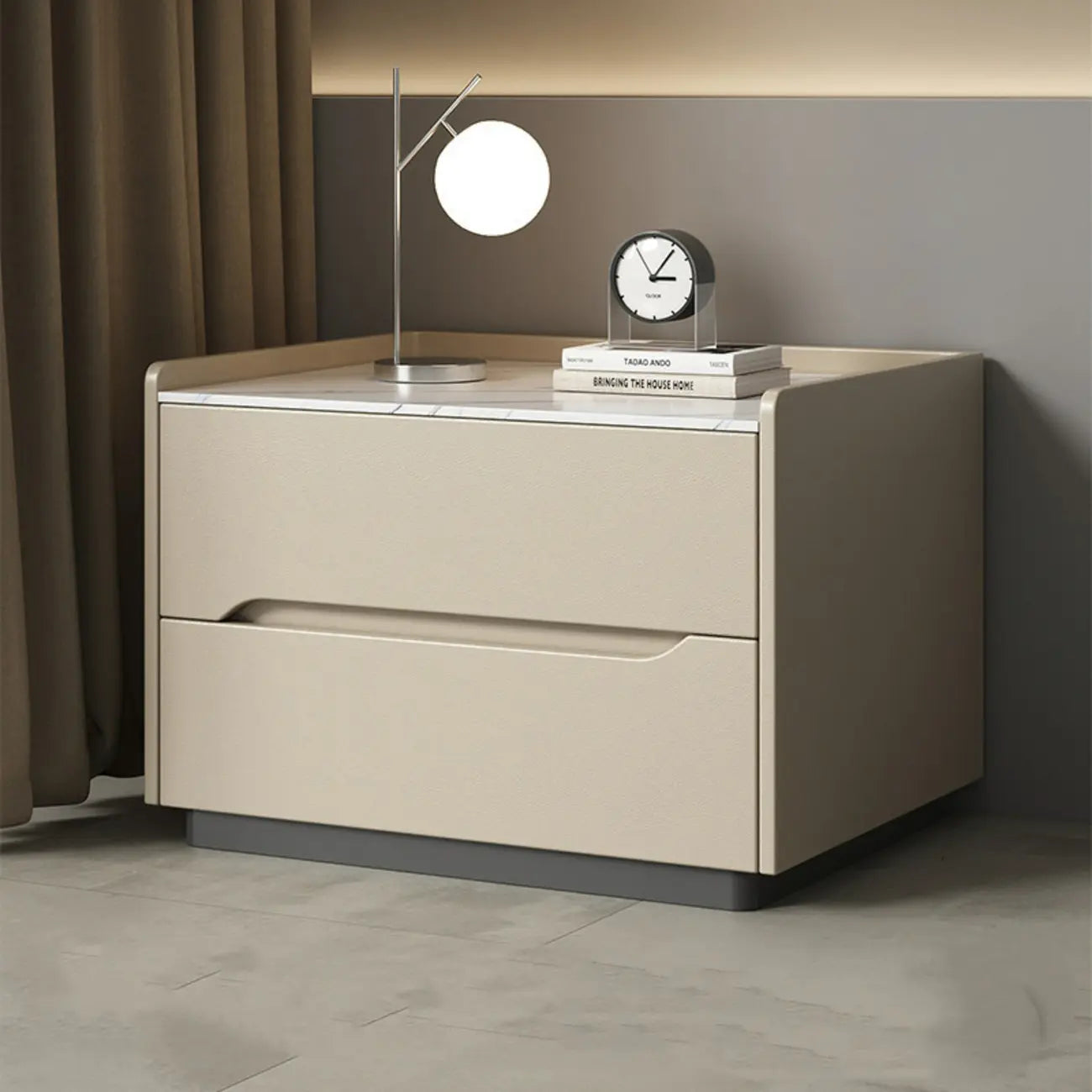 Modern Khaki Leather Stone Top 2-Drawer Nightstand