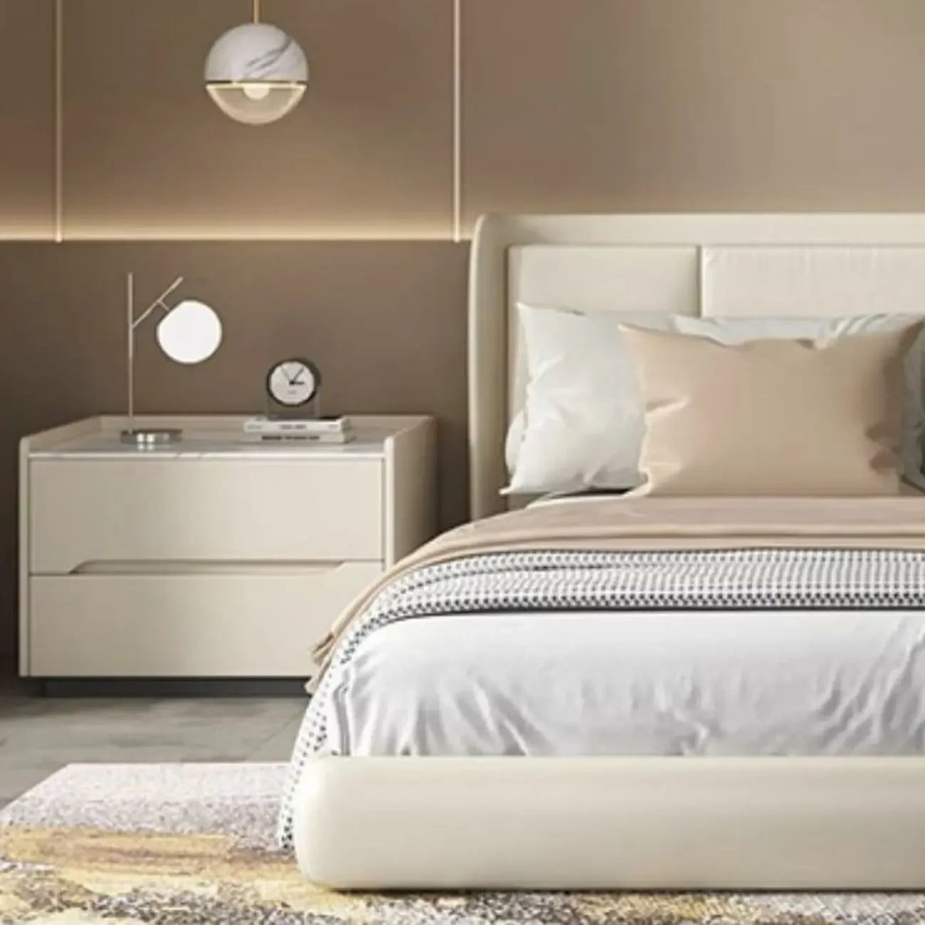 Modern Khaki Leather Stone Top 2-Drawer Nightstand