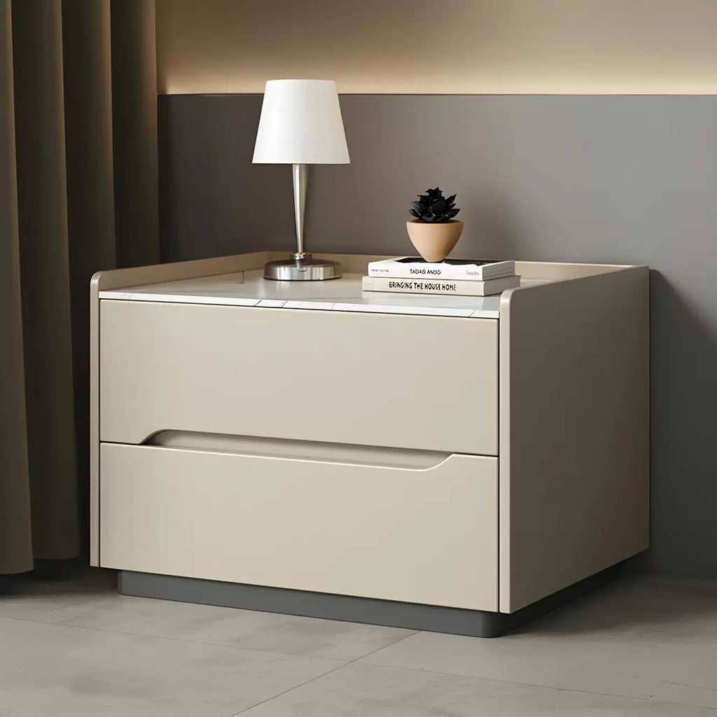 Modern Khaki Leather Stone Top 2-Drawer Nightstand