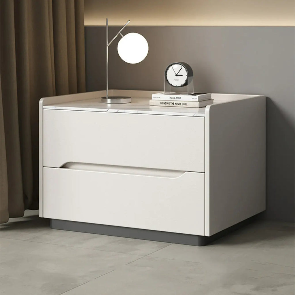 Modern Khaki Leather Stone Top 2-Drawer Nightstand