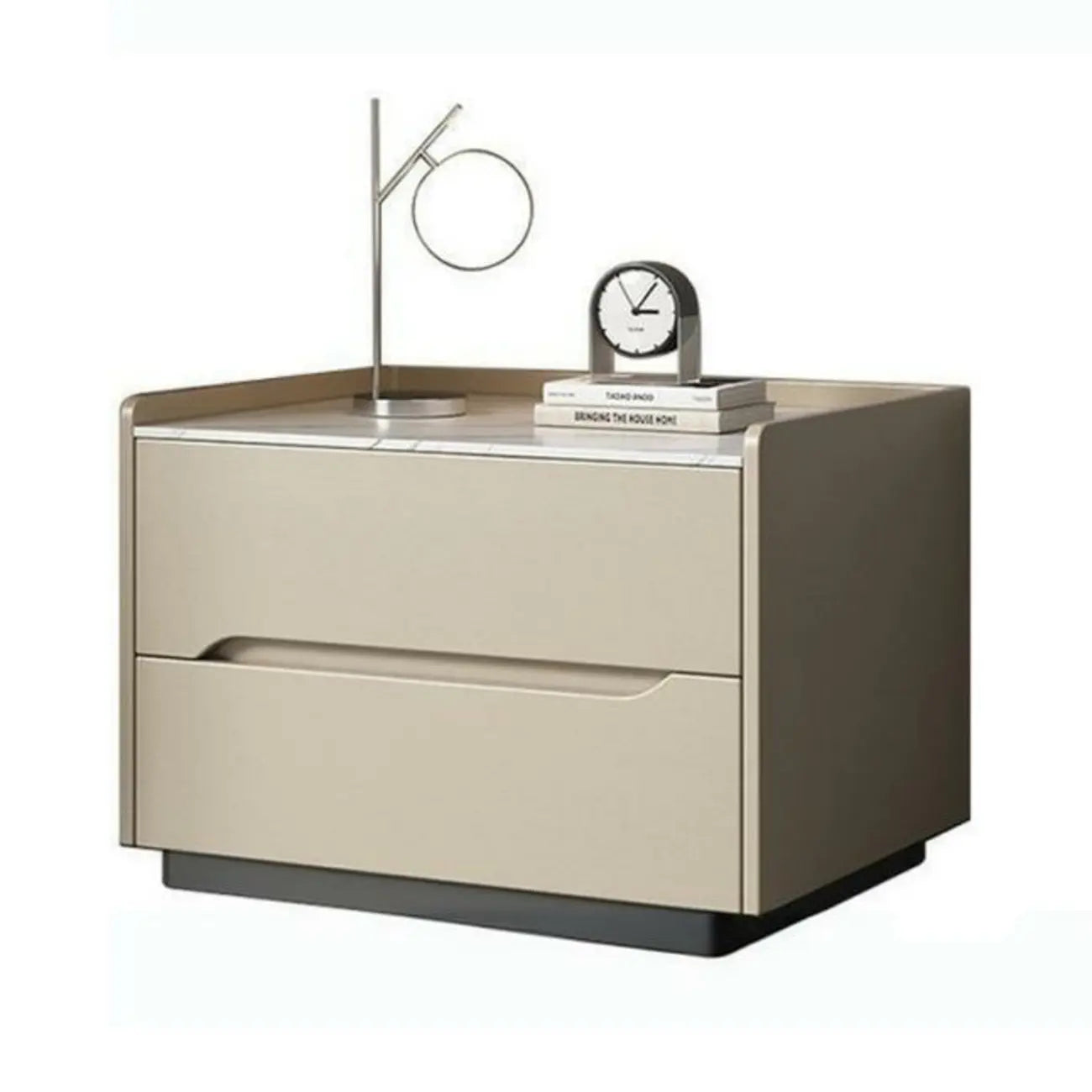 Modern Khaki Leather Stone Top 2-Drawer Nightstand