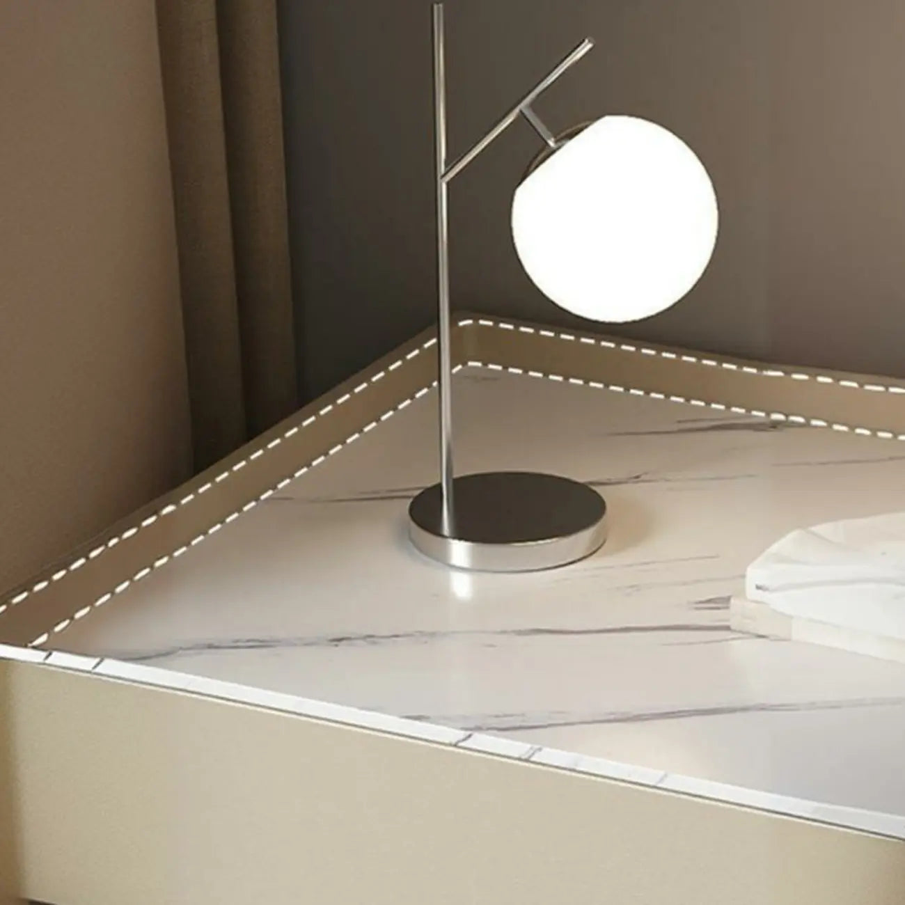 Modern Khaki Leather Stone Top 2-Drawer Nightstand