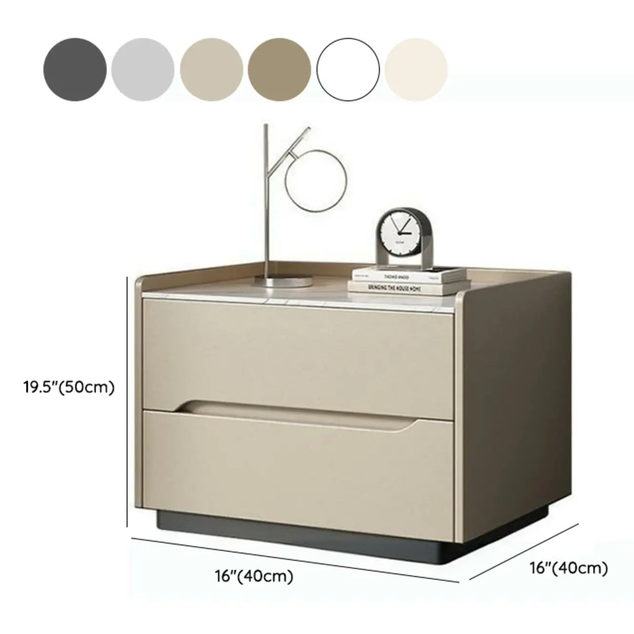 Modern Khaki Leather Stone Top 2-Drawer Nightstand