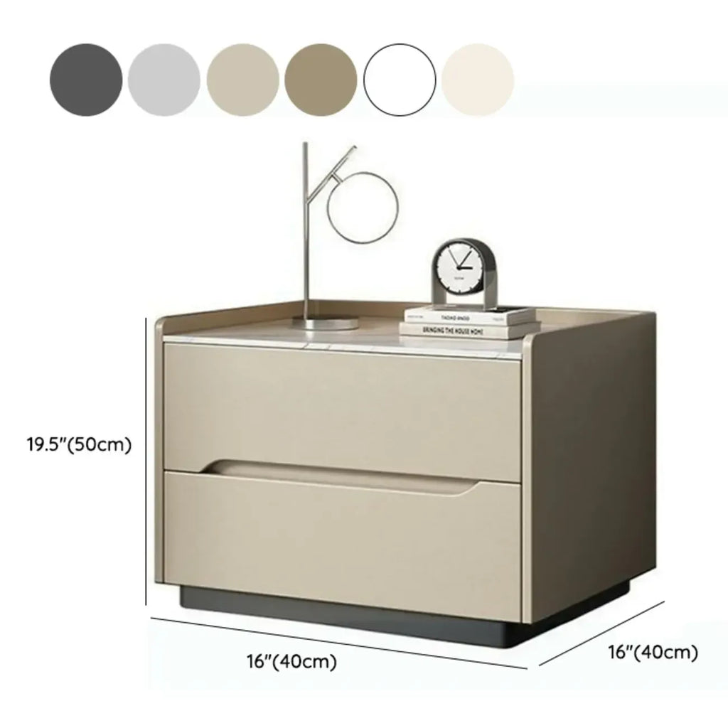 Modern Khaki Leather Stone Top 2-Drawer Nightstand