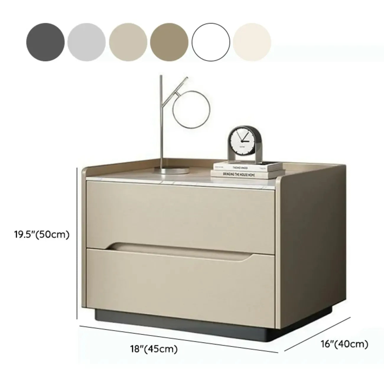 Modern Khaki Leather Stone Top 2-Drawer Nightstand