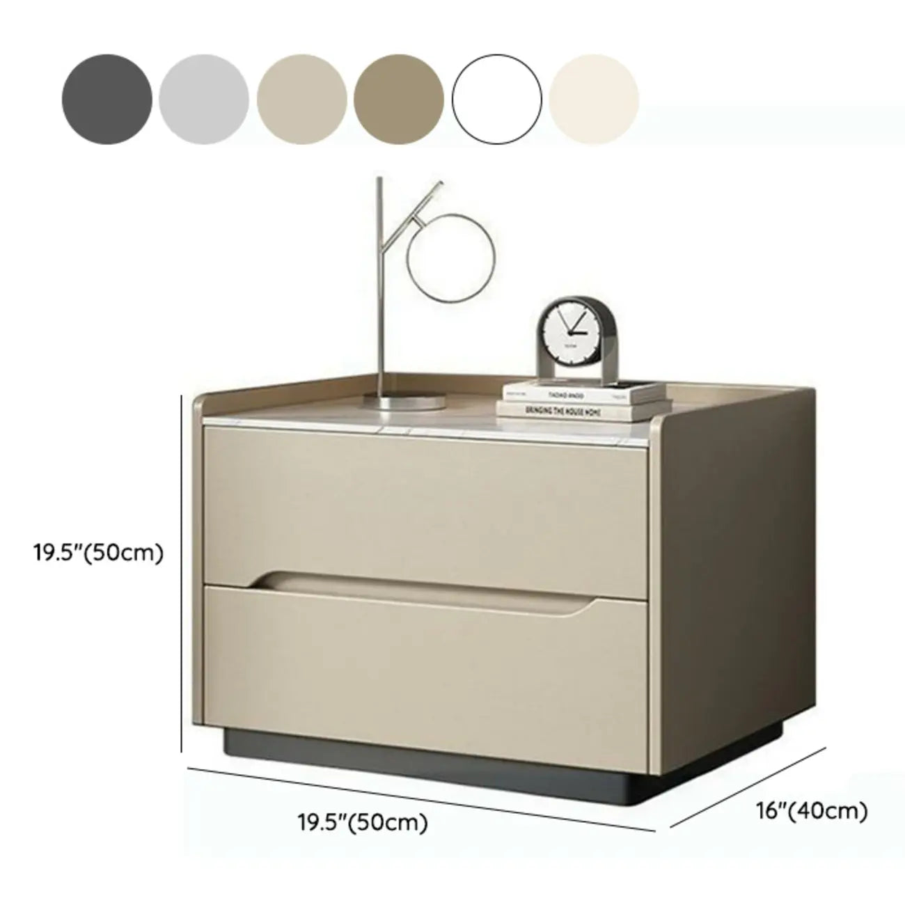 Modern Khaki Leather Stone Top 2-Drawer Nightstand