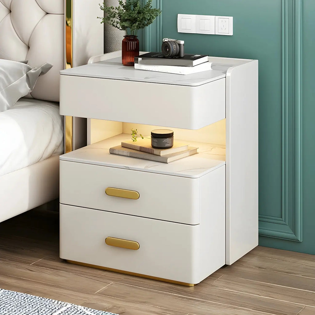 Modern Grey Bedside Table with Drawers and Stone Top