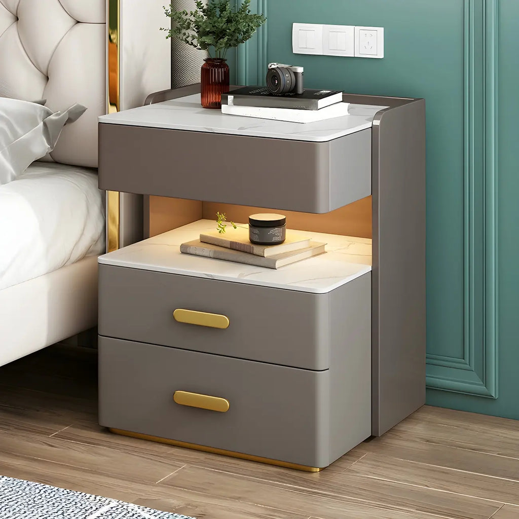 Modern Grey Bedside Table with Drawers and Stone Top