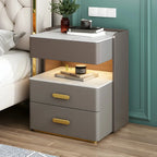 Modern Grey Bedside Table with Drawers and Stone Top