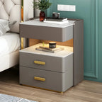 Modern Grey Bedside Table with Drawers and Stone Top