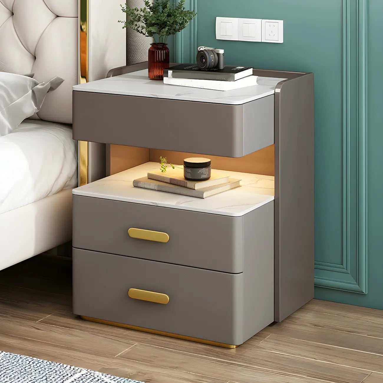 Modern Grey Bedside Table with Drawers and Stone Top