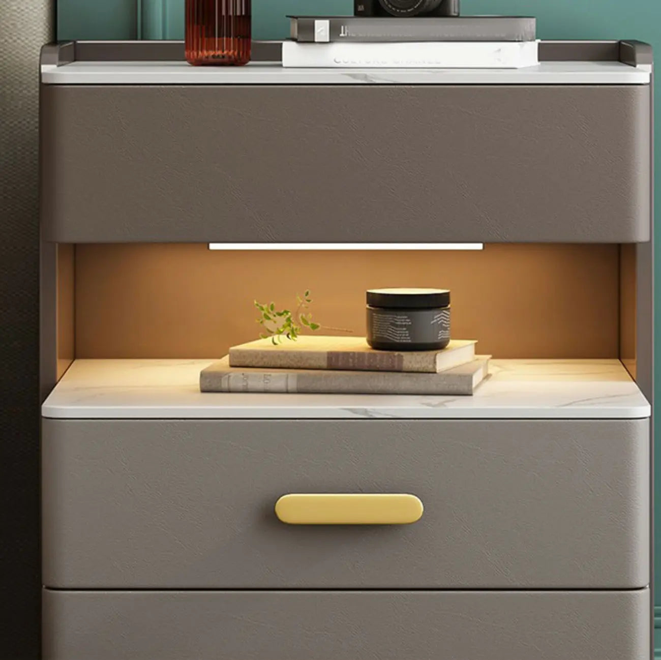 Modern Grey Bedside Table with Drawers and Stone Top