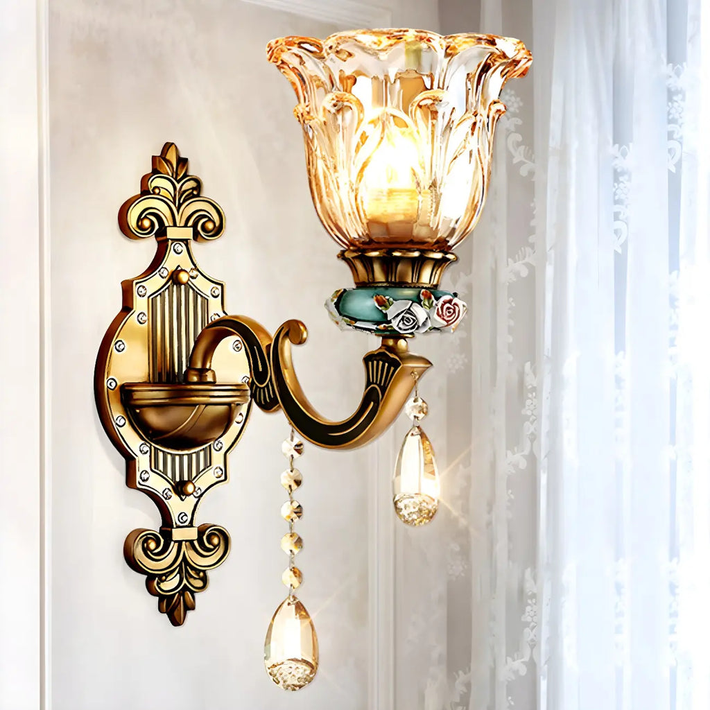 Elegant Brass Wall Sconce with Crystal Shade for Hallway