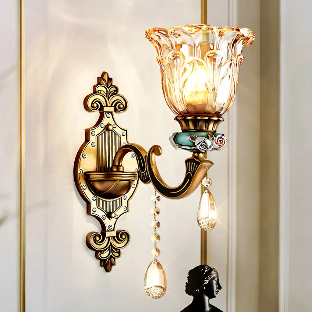 Elegant Brass Wall Sconce with Crystal Shade for Hallway