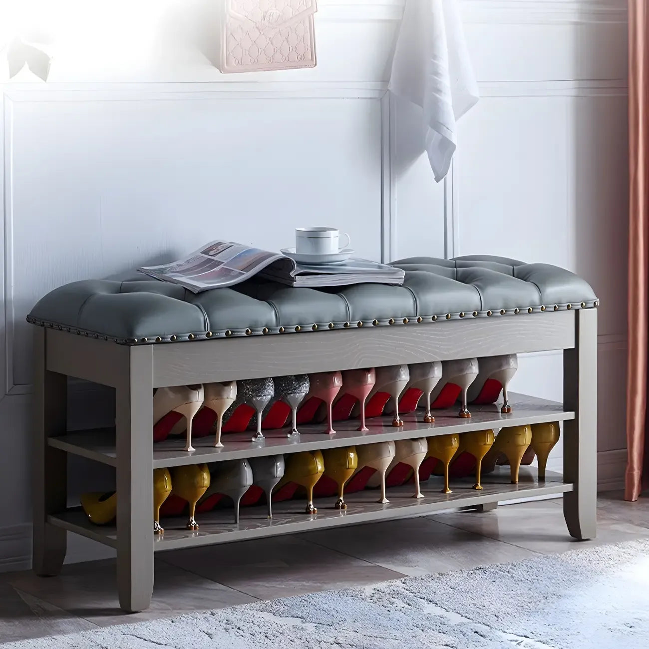Upholstered Grey Flip-Up Top Shoe Bench for Entryway