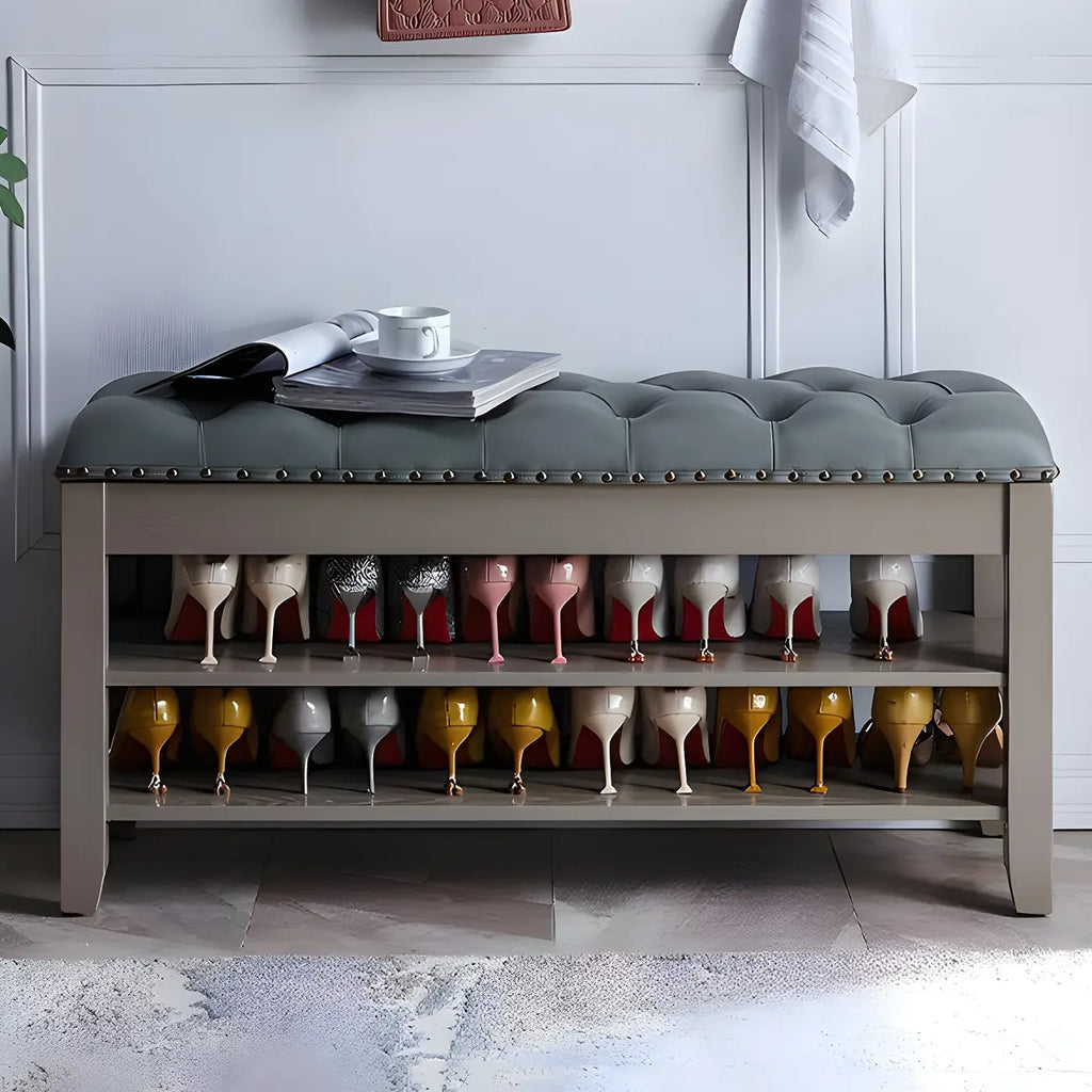 Upholstered Grey Flip-Up Top Shoe Bench for Entryway