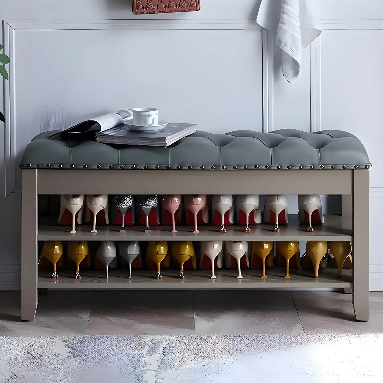 Upholstered Grey Flip-Up Top Shoe Bench for Entryway