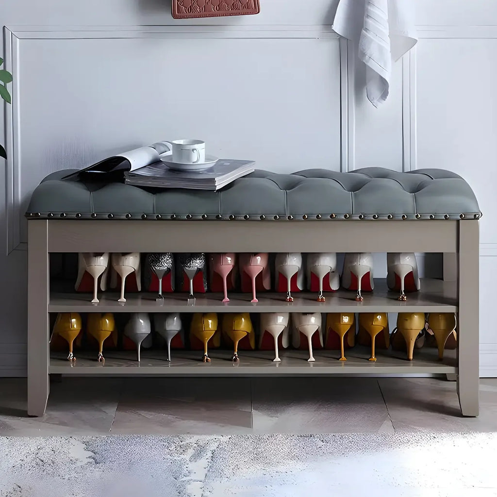 Upholstered Grey Flip-Up Top Shoe Bench for Entryway