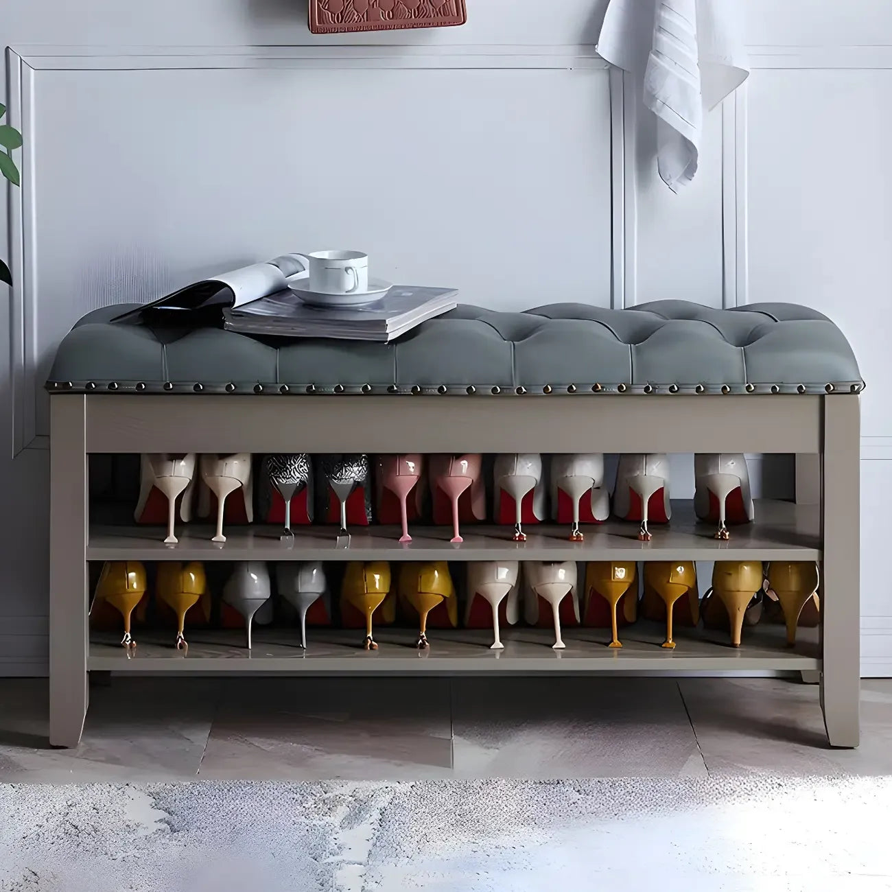 Upholstered Grey Flip-Up Top Shoe Bench for Entryway