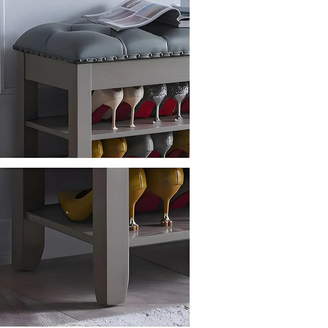Upholstered Grey Flip-Up Top Shoe Bench for Entryway