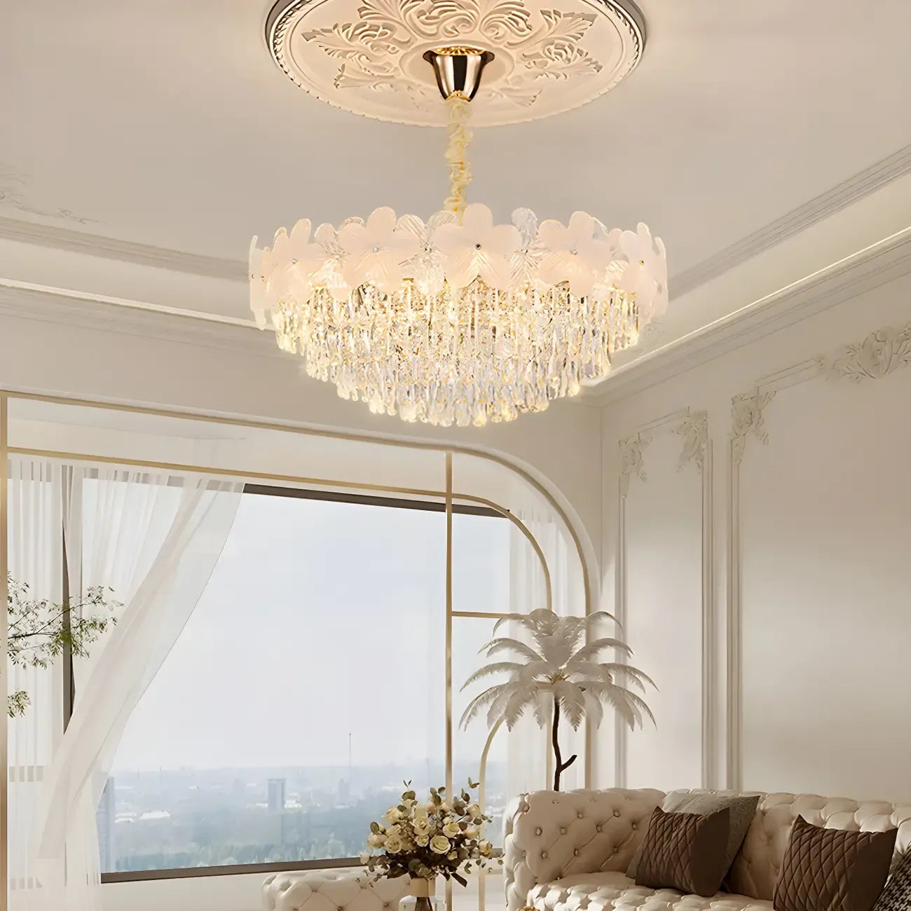 Golden Flower Crystal Chandelier Elegant LED for Living Room
