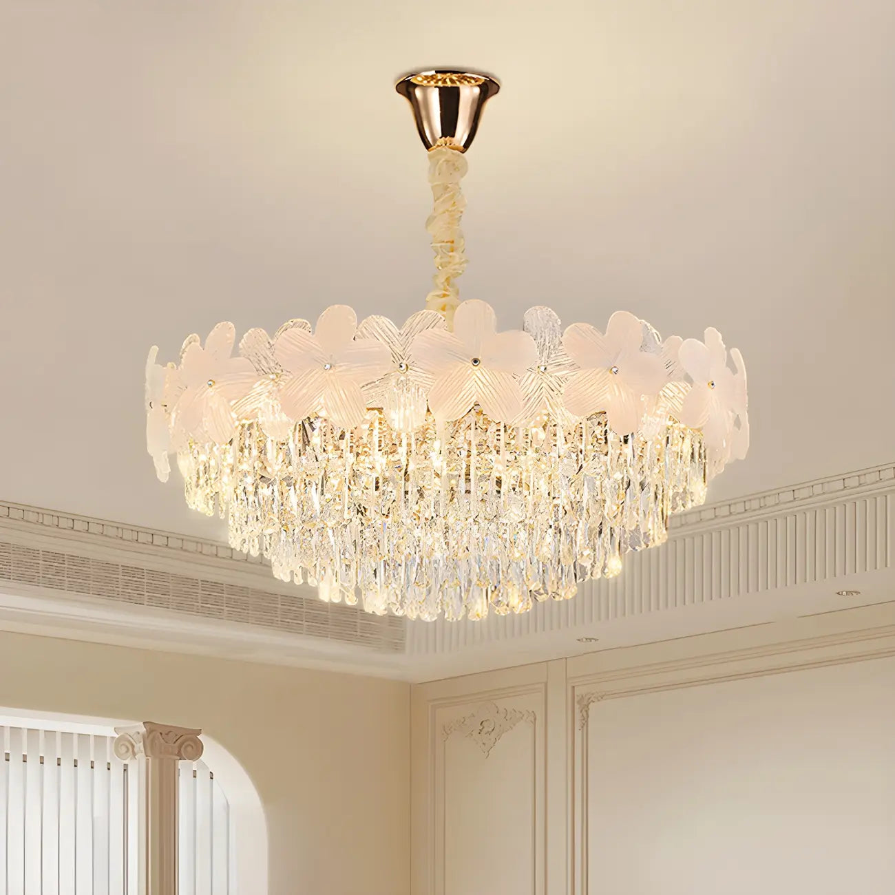 Golden Flower Crystal Chandelier Elegant LED for Living Room