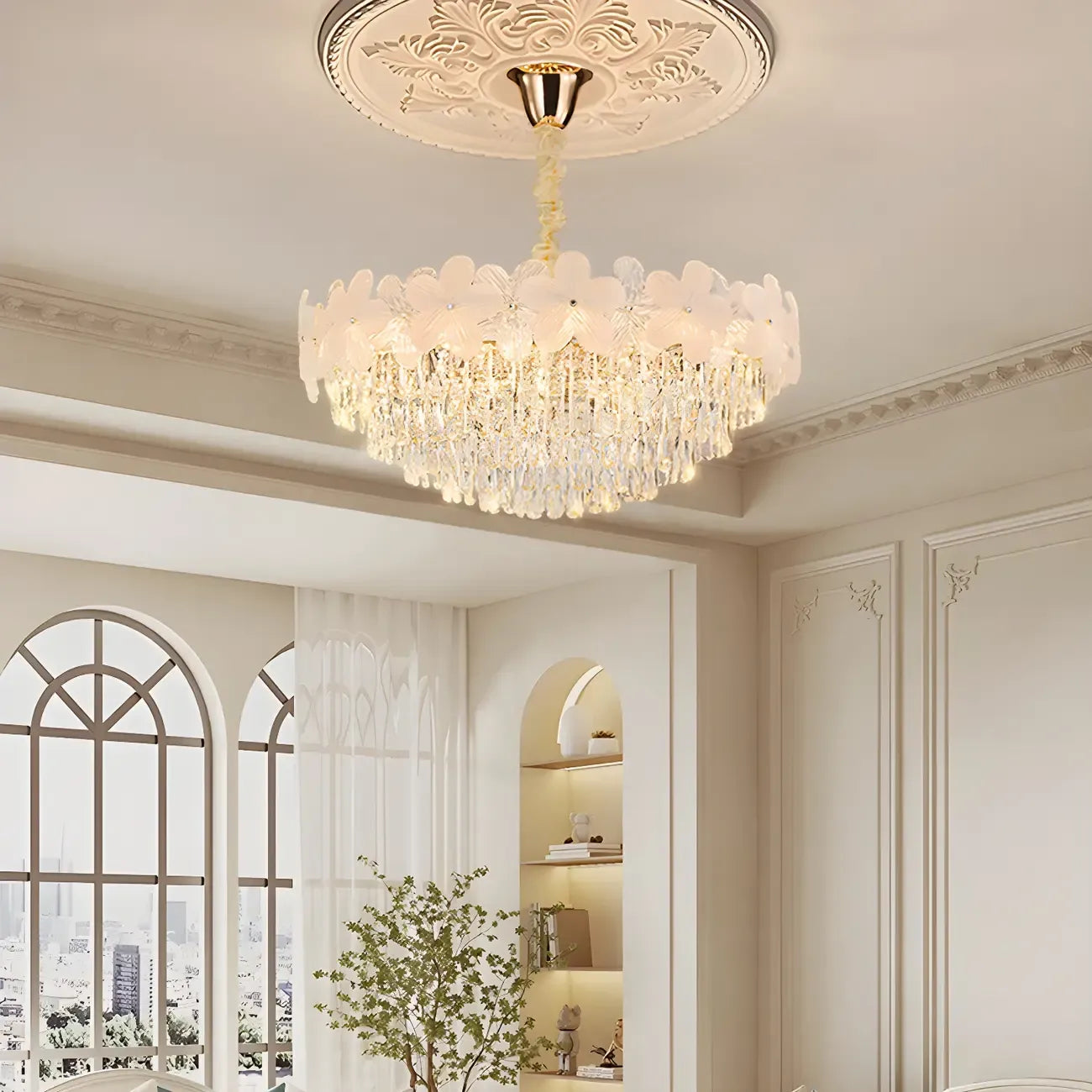 Golden Flower Crystal Chandelier Elegant LED for Living Room