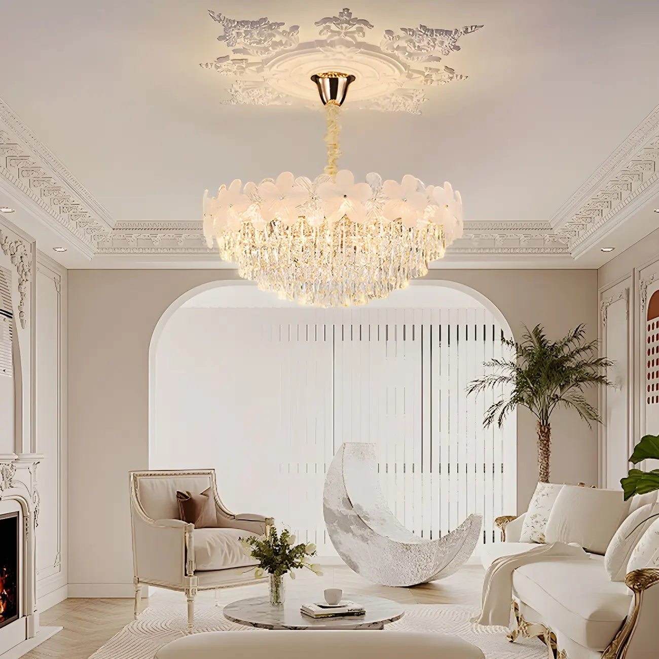 Golden Flower Crystal Chandelier Elegant LED for Living Room