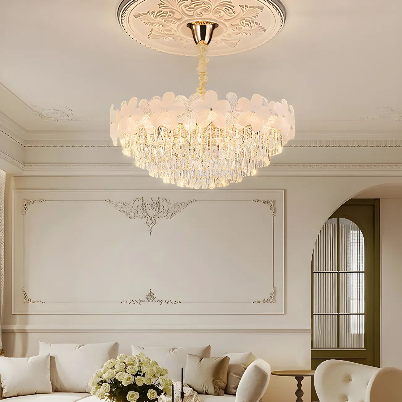 Golden Flower Crystal Chandelier Elegant LED for Living Room