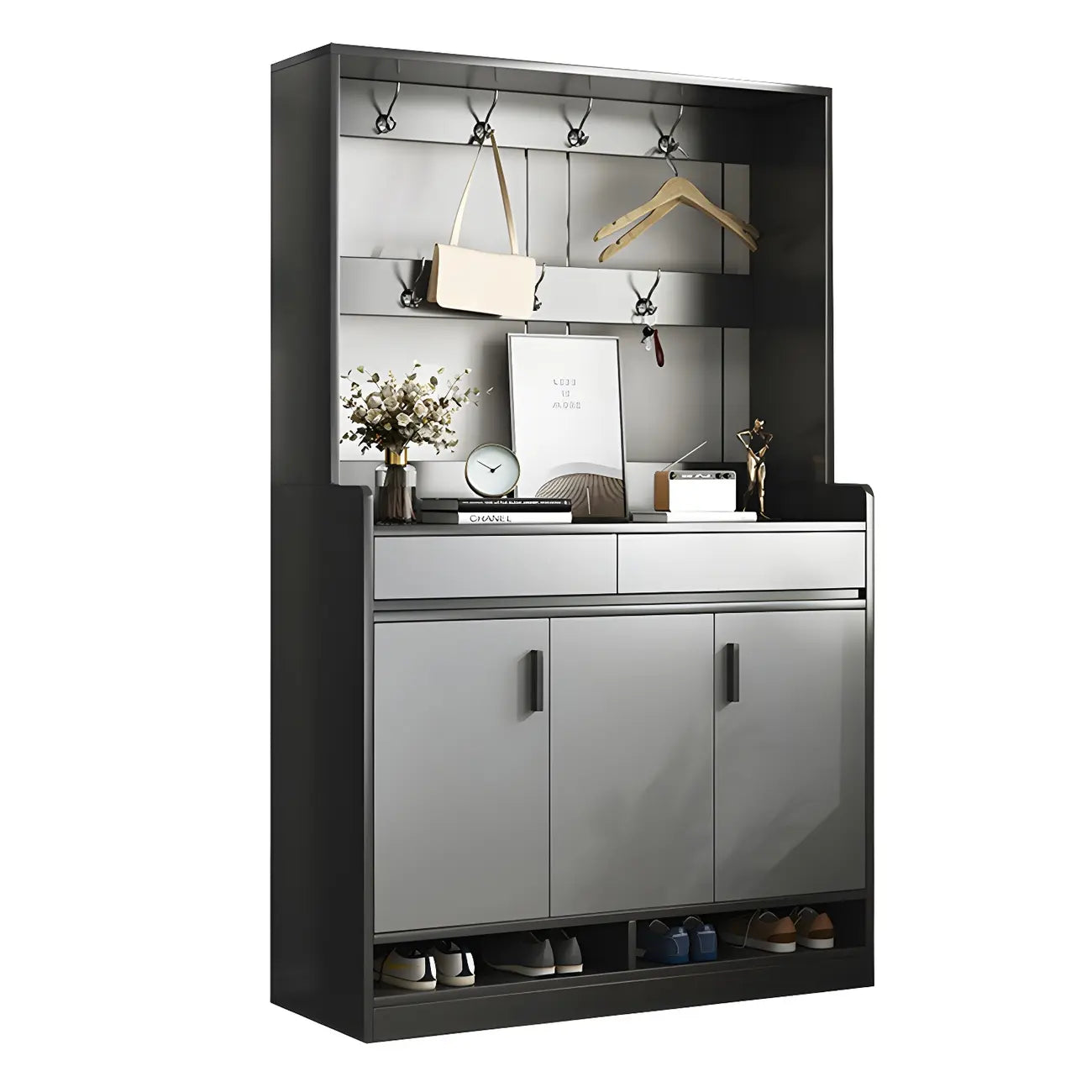 Modern Grey Shoe Storage Cabinet Rectangular Adjustable Shelves