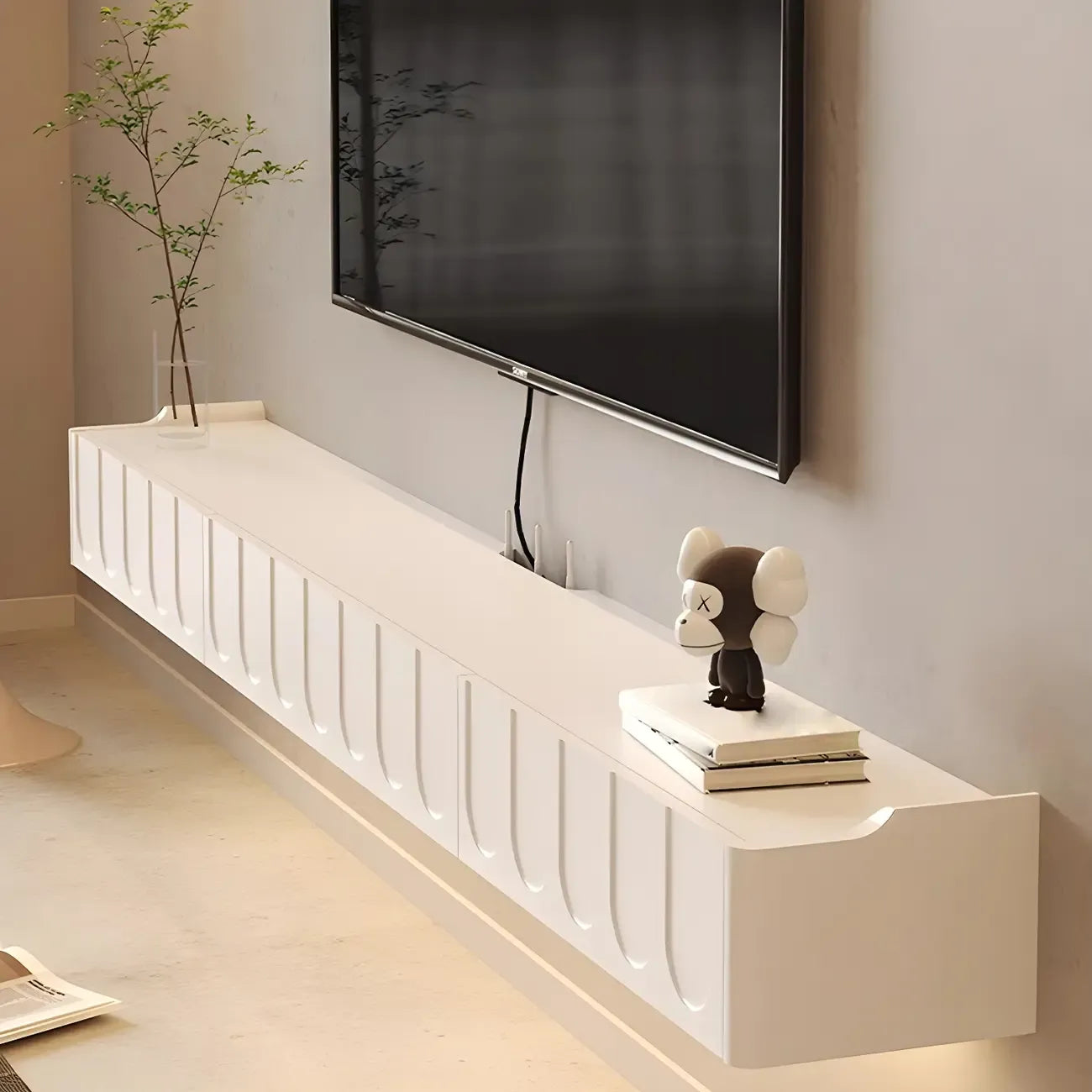 65 Long White Floating Wood U-Pattern TV Stand with Cabinet