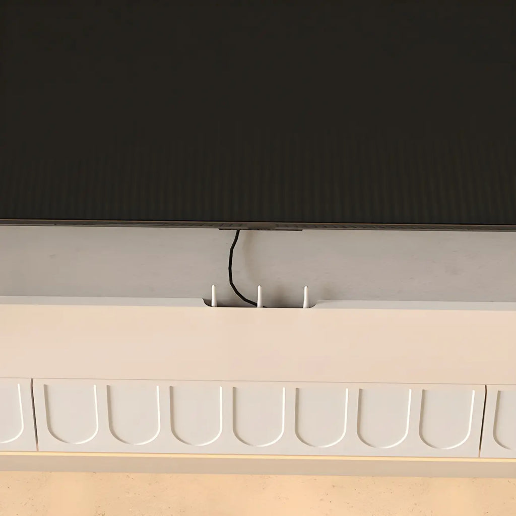 65 Long White Floating Wood U-Pattern TV Stand with Cabinet