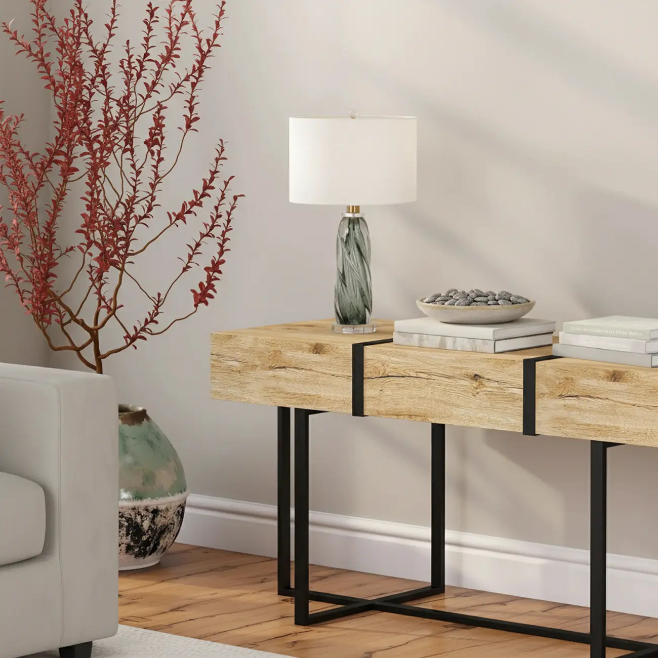 Modern Green Twisted Glass Table Lamp with Fabric Shade