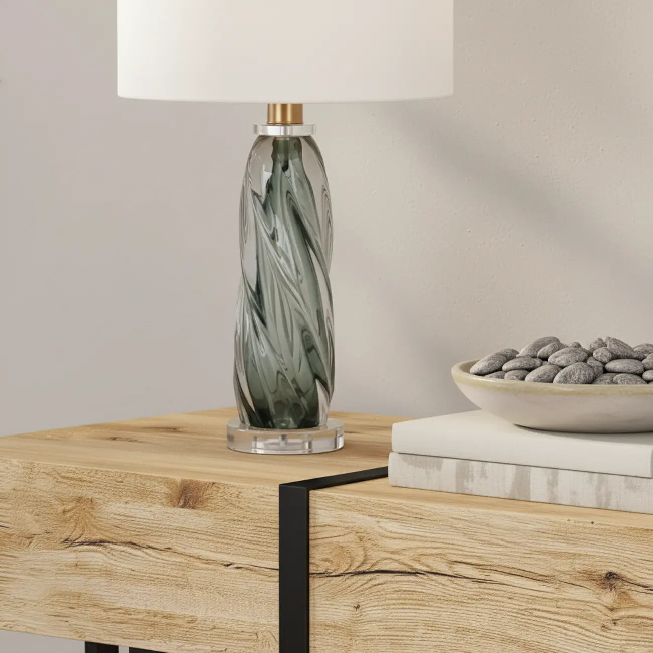 Modern Green Twisted Glass Table Lamp with Fabric Shade