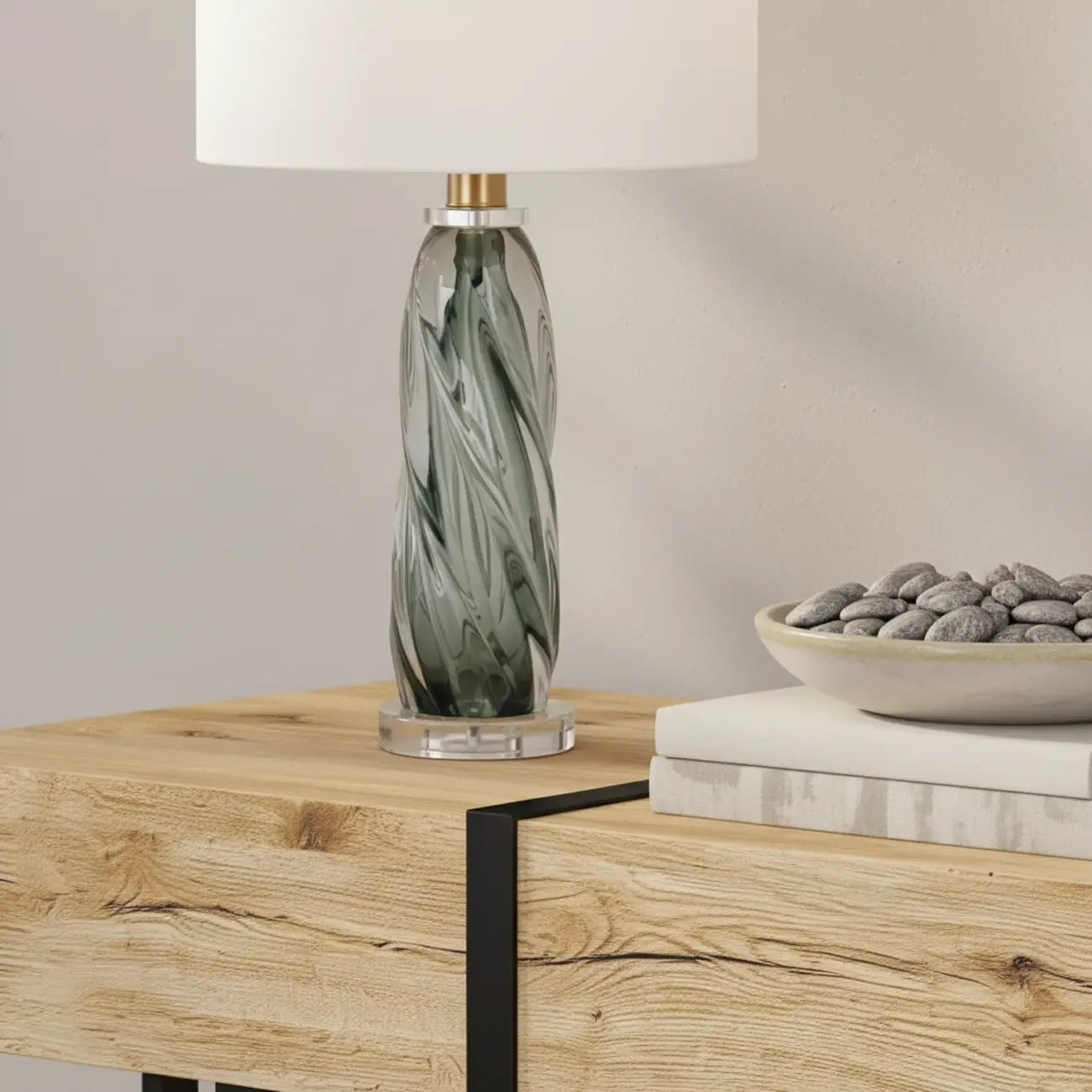 Modern Green Twisted Glass Table Lamp with Fabric Shade