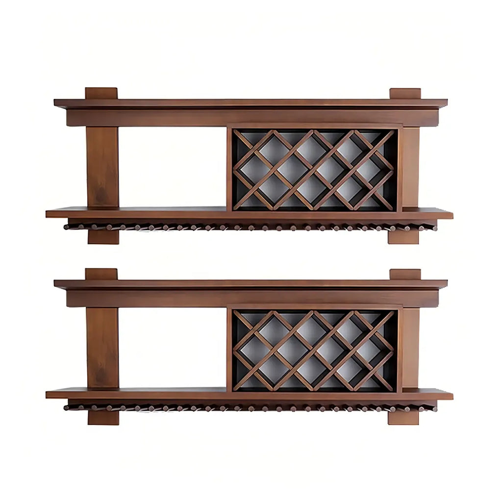 Pine Wooden Wall-Mounted Display Open Wine Bottle & Glass Rack