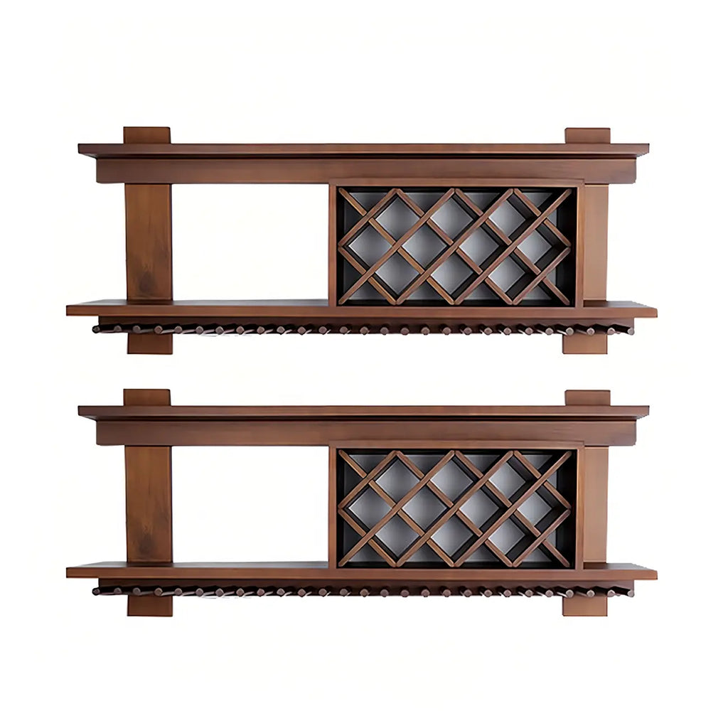 Pine Wooden Wall-Mounted Display Open Wine Bottle & Glass Rack