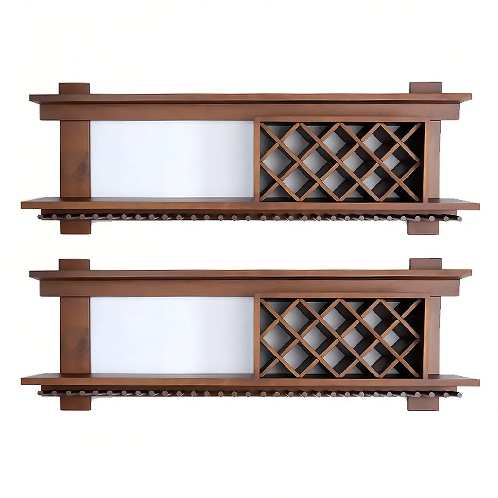 Pine Wooden Wall-Mounted Display Open Wine Bottle & Glass Rack