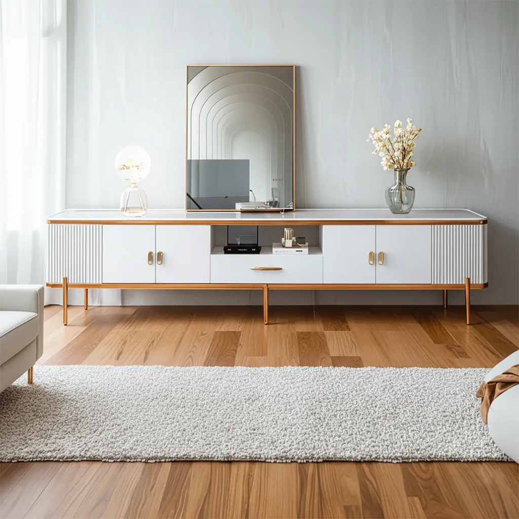 Glam Glossy White Stone TV Stand with Cable Management